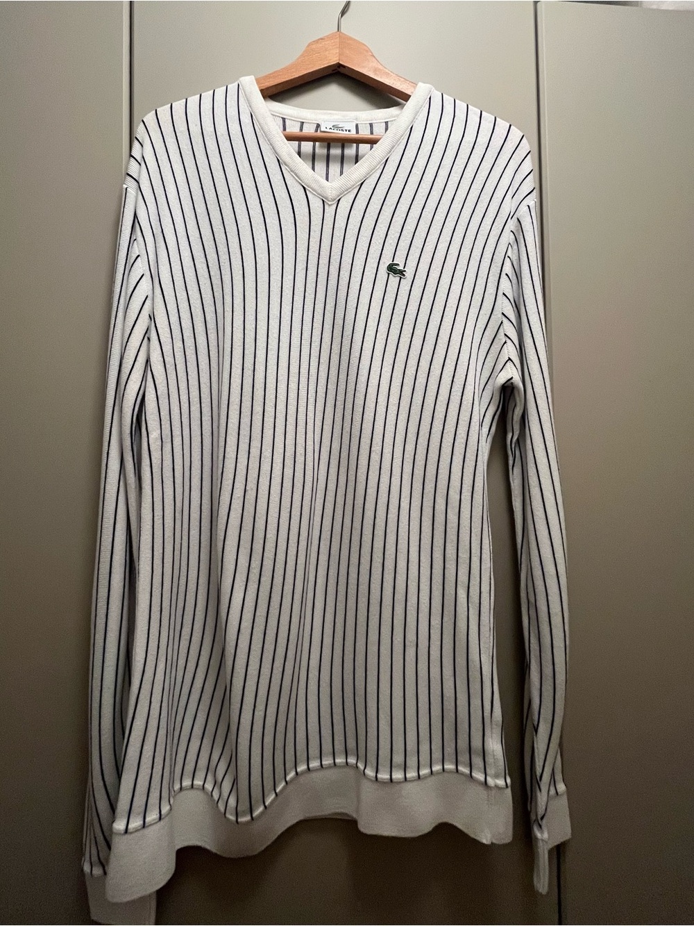 Lacoste Men’s White V-Neck Sweater with Navy Pinstripes